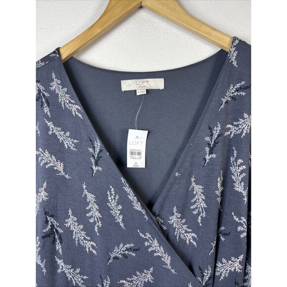 Loft Wrap Dress Women's 16 plus Tie Career gray print rayon blend knee length - Picture 3 of 10